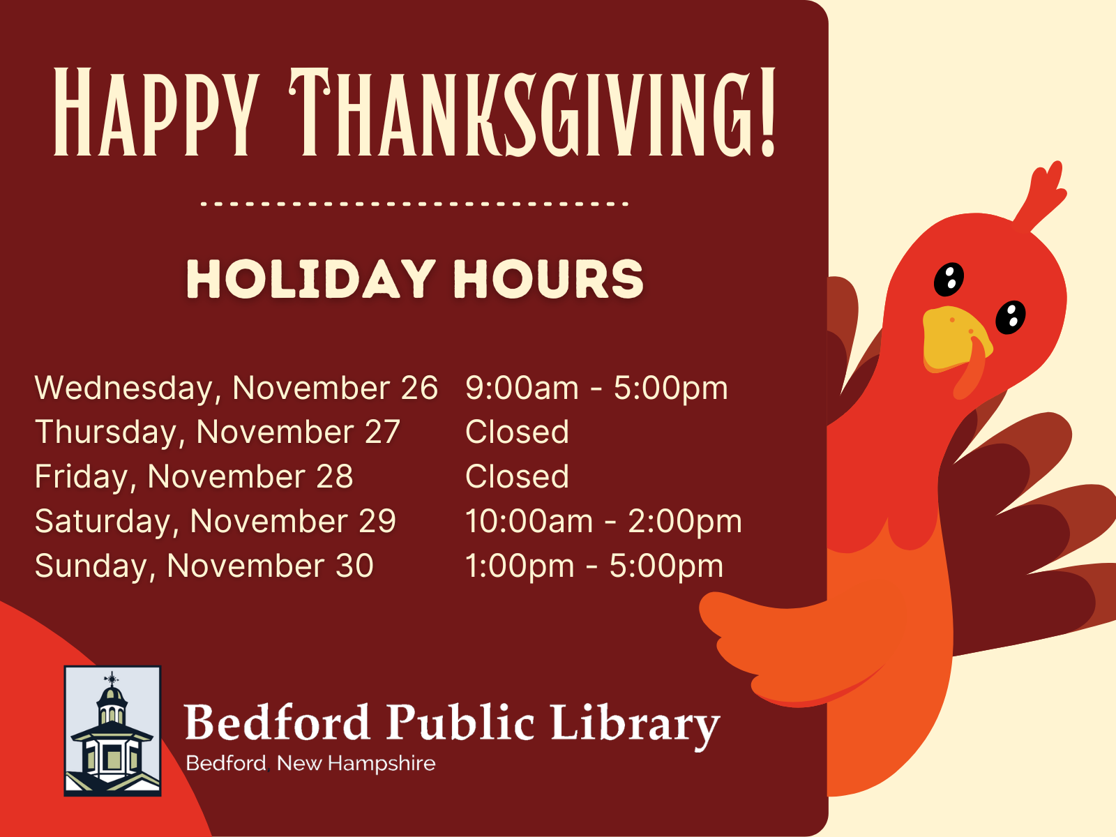 Bedford NH Public Library 2025 Thanksgiving Hours